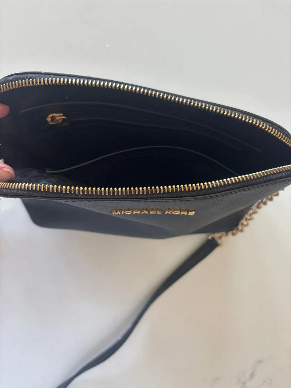 Michael Kors Black Leather Crossbody with Gold Chain Trim